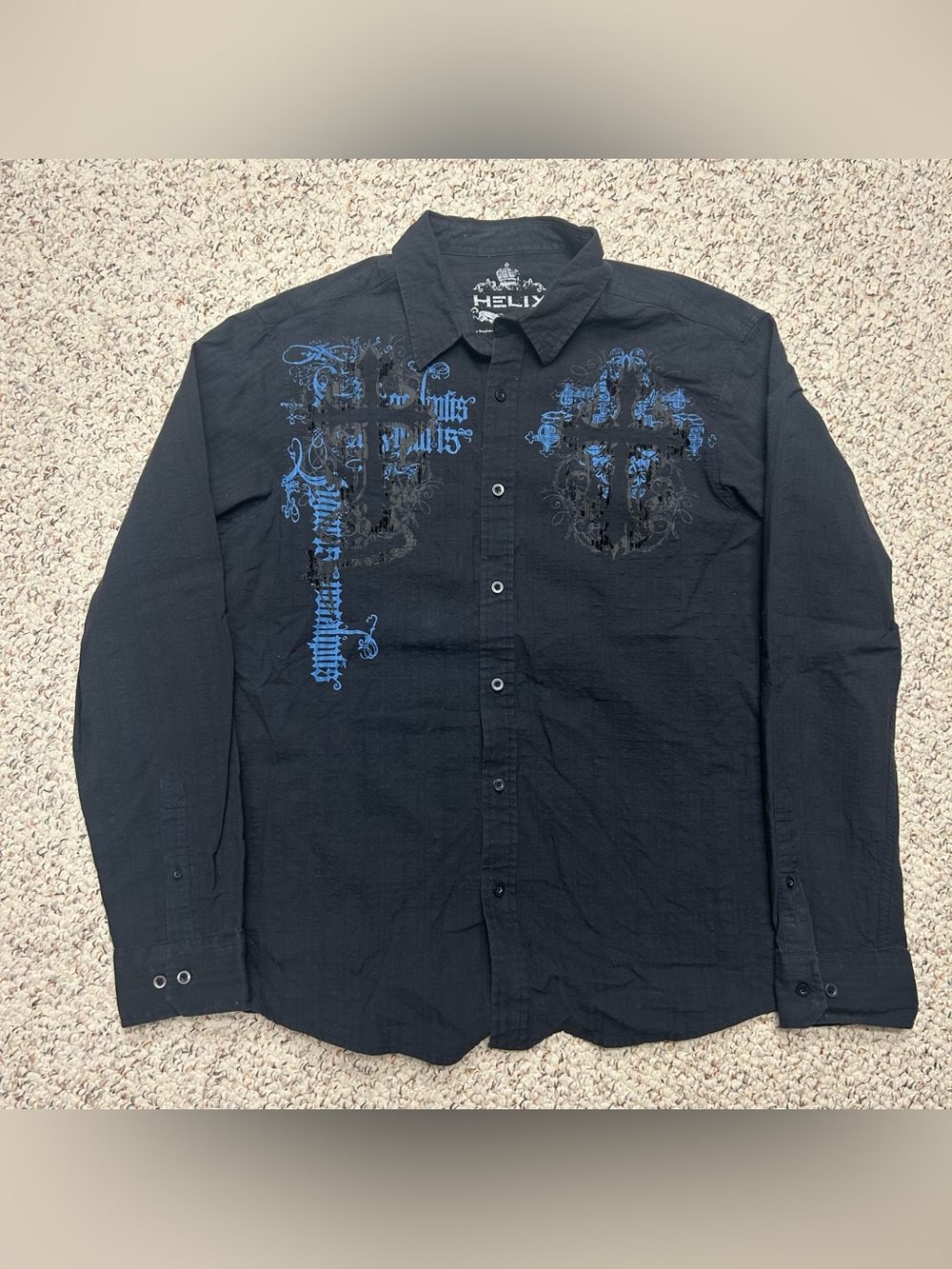Vintage Y2K Men's HELIX Gothic Crosses Button Down Shirt - Size XL Grunge